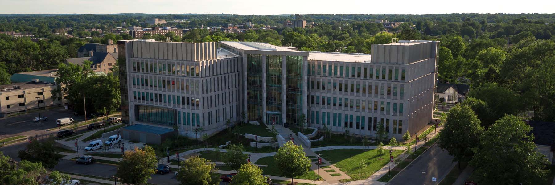 An aerial view of the exterior of the Luddy Hall academic building